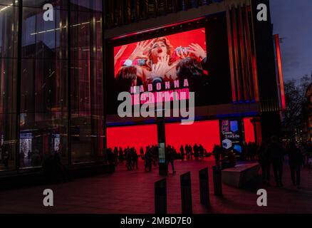 © Jeff Moore electronic billboards by Tottenham Court Road tube station in  London advertising Madonnas “The Celebration Tour” 20/01/2023 Stock Photo