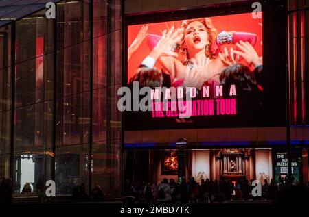 © Jeff Moore electronic billboards by Tottenham Court Road tube station in  London advertising Madonnas “The Celebration Tour” 20/01/2023 Stock Photo