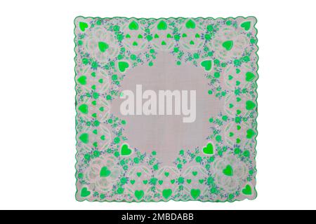 Isolated square green vintage hanky handkerchief for St Patricks Day or March or springtime. Hearts and flowers make scalloped border. Stock Photo