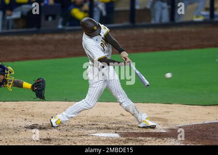 San Diego Padres Wil Myers hits double against the Milwaukee Brewers during  the seventh inning of a baseball game Monday, May 23, 2022, in San Diego.  (AP Photo/Mike McGinnis Stock Photo - Alamy