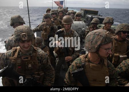 U.S. Marines with Combat Logistics Battalion 22 are transported to a beach via a U.S. Navy landing craft utility assigned to Landing Craft Unit 1661 during Caraibes 22 near Martinique, France, June 17, 2022. Exercise Caraibes 2022 is a French-led, large scale, joint training exercise in the Caribbean involving naval, air and land assets, from the French, U.S., and regional forces focused on responding to natural disasters. Stock Photo