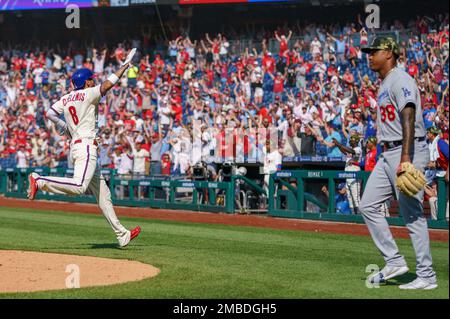 Philadelphia Phillies' J.T. Realmuto watches a home run during a baseball  game, Thursday, Aug. 10, 2023, in Philadelphia. (AP Photo/Matt Slocum Stock  Photo - Alamy