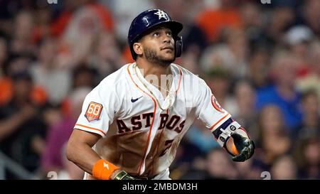 Houston Astros' Jose Siri watches his line drive triple against the Oakland  Athletics during the third inning of a baseball game in Oakland, Calif.,  Monday, May 30, 2022. (AP Photo/John Hefti Stock