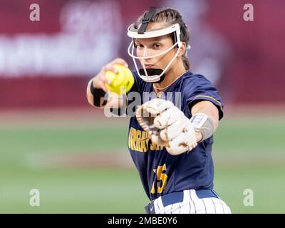 Murray State pitcher Hannah James (15) tries a rally cap in the