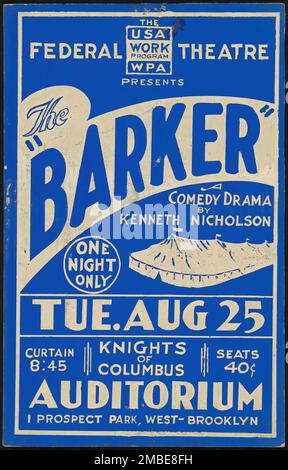 The Barker, New York, [193-]. The Federal Theatre Project, created by the U.S. Works Progress Administration in 1935, was designed to conserve and develop the skills of theater workers, re-employ them on public relief, and to bring theater to thousands in the United States who had never before seen live theatrical performances. Stock Photo