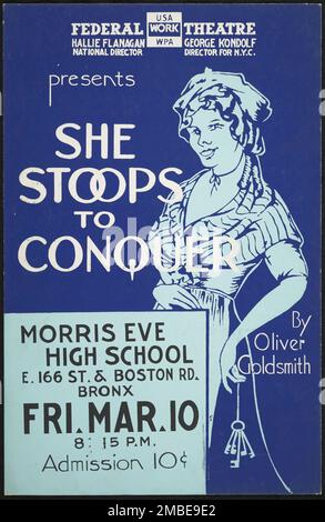 She Stoops to Conquer, New York, [1930s]. The Federal Theatre Project, created by the U.S. Works Progress Administration in 1935, was designed to conserve and develop the skills of theater workers, re-employ them on public relief, and to bring theater to thousands in the United States who had never before seen live theatrical performances. Stock Photo