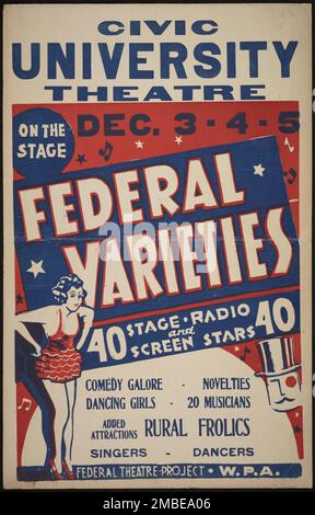 Federal Varieties, New York, 1936. The Federal Theatre Project, created by the U.S. Works Progress Administration in 1935, was designed to conserve and develop the skills of theater workers, re-employ them on public relief, and to bring theater to thousands in the United States who had never before seen live theatrical performances. Stock Photo