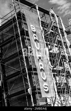 bauhaus school, typical sign under construction, Main building, Dessau, Federal Republic of Germany Stock Photo