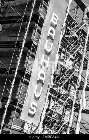 bauhaus school, typical sign under construction, Main building, Dessau, Federal Republic of Germany Stock Photo