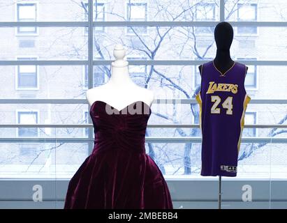 New York, United States. 19th Jan, 2023. A Kobe Bryant 2014-2015 Los Angeles Lakers game worn jersey and a historic Princess Diana dress by Victor Edelstein is on display for Masters Week at Sotheby's on Friday, January 20, 2023 in New York City. Photo by John Angelillo/UPI Credit: UPI/Alamy Live News Stock Photo