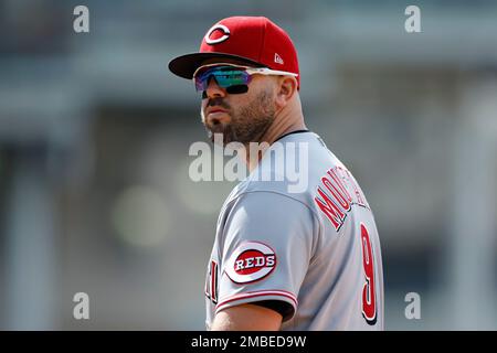 Cincinnati Reds' Mike Moustakas bats during a baseball game against the  Milwaukee Brewers in Cincinnati, Wednesday, May 11, 2022. The Reds won  14-11. (AP Photo/Aaron Doster Stock Photo - Alamy