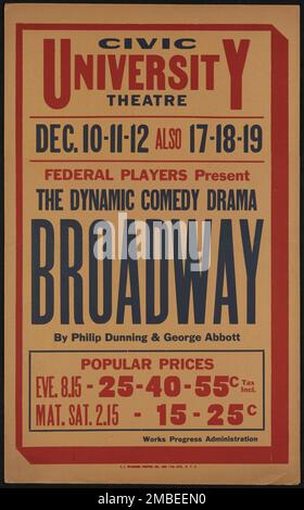 Broadway, Syracuse, NY, 1936. The Federal Theatre Project, created by the U.S. Works Progress Administration in 1935, was designed to conserve and develop the skills of theater workers, re-employ them on public relief, and to bring theater to thousands in the United States who had never before seen live theatrical performances. Stock Photo