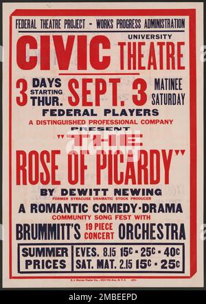 Rose of Picardy, Syracuse, NY, 1936. The Federal Theatre Project, created by the U.S. Works Progress Administration in 1935, was designed to conserve and develop the skills of theater workers, re-employ them on public relief, and to bring theater to thousands in the United States who had never before seen live theatrical performances. Stock Photo