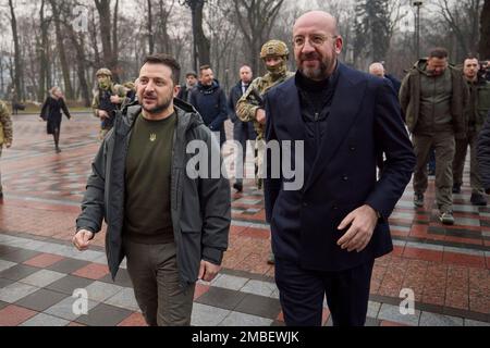 Kyiv, Ukraine. 19th Jan, 2023. Ukrainian President Volodymyr Zelenskyy, walks with European Council President Charles Michel, right, to unveil a plaque in his honor on the Walk of the Brave at Constitution Square, January 19, 2023 in Kyiv, Ukraine. Credit: Ukraine Presidency/Ukrainian Presidential Press Office/Alamy Live News Stock Photo