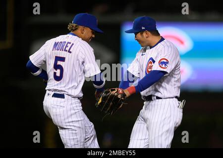 July 5, 2022: Chicago Cubs right fielder Seiya Suzuki #27 hugs Chicago Cubs  center fielder Christopher Morel #5 after hitting a two-run home run in the  fifth inning during MLB game between