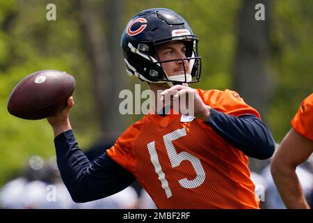 Chicago Bears quarterback Trevor Siemian (15) stands on the field during  the first half of an NFL football game against the Minnesota Vikings,  Sunday, Oct. 9, 2022, in Minneapolis. (AP Photo/Abbie Parr