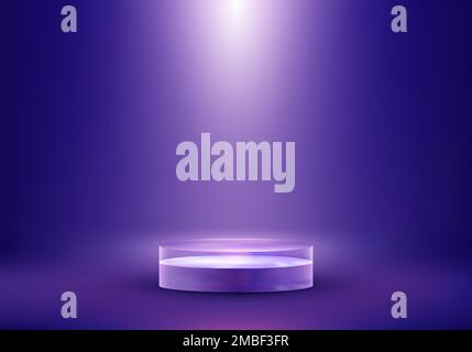 3D realistic crystal glass transparent podium pedestal stand product display with spotlight minimal wall scene on blue background. You can use for pre Stock Vector