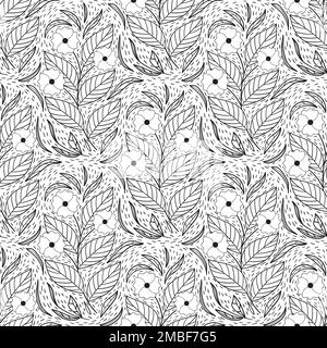 Floral seamless pattern in black and white line style with damask tile motif. Doodle flowers textile print. Vintage nature graphic. Big bloom flower w Stock Vector