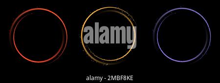 Set of glowing neon color circles round curve shape with glitter isolated on black background technology concept. Circular light frame border. You can Stock Vector