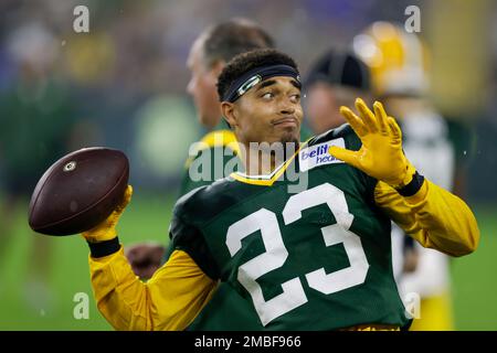 Green Bay Packers cornerback Jaire Alexander (23) runs during an NFL  football game against the Washington Commanders, Sunday, October 23, 2022  in Landover. (AP Photo/Daniel Kucin Jr Stock Photo - Alamy