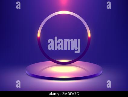 3D realistic studio room blue podium platform pedestal stand with circle backdrop and lighting effect on blue background technology concept. minimal w Stock Vector
