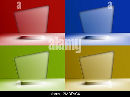 Set of 3D realistic white podium pedestal stand on red, blue, green, yellow colours background with natural lighting. You can use for product presenta Stock Vector