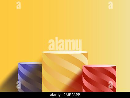 Set of 3D realistic red, yellow and blue colours podium platform pedestal stand cylinder shape display with spiral stripes on yellow background minima Stock Vector