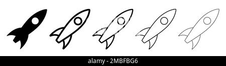 Shuttle icon. Set of black icons of spaceship. Vector illustration. Flat icons of rocket launch Stock Vector