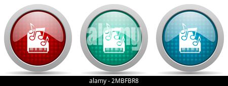 Piano, music vector icon set, glossy web buttons collection Stock Vector