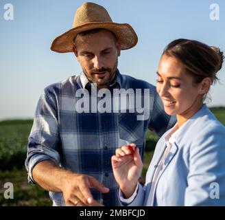 Pretty business woman and handsome farmer signing documents on field in summer time Stock Photo