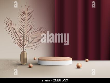 3D realistic luxury style empty wood grain top of white podium cylinder shape product display with red curtain backdrop decoration golden ball and gol Stock Vector