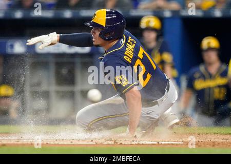 Milwaukee Brewers' Willy Adames, right, celebrates after his base hit  during the eighth inning of a baseball game against the Toronto Blue Jays,  Sunday, June 26, 2022, in Milwaukee. (AP Photo/Kenny Yoo