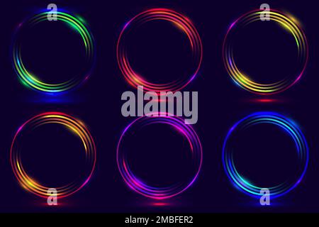 Set of glowing neon color circles round curve shapes isolated on black background technology concept. Circular light frame border. You can use for bad Stock Vector