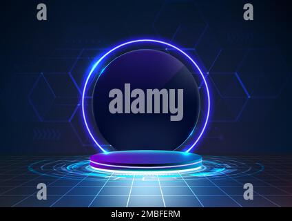 3D realistic technology digital cyberpunk podium display neon lighting circle portal with HUD geometric elements on dark blue background. You can use Stock Vector