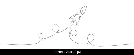 One continuous line drawing of spacecraft. Vector illustration. Rocket space ship launch. Spacecraft one line background. Stock Vector