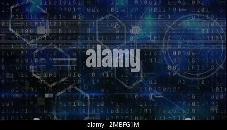 Composition of binary coding and shapes on black background Stock Photo ...