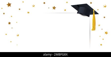 graduate cap and diploma with confetti of gold stars on a white background Stock Vector