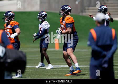 Denver Broncos tackle Sebastian Gutierrez takes part in drills