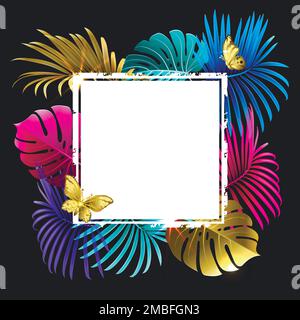 banner with colorful tropical plants and palm branches on black background Stock Vector