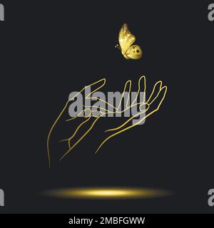 icon of golden female hands with golden butterfly on black background Stock Vector