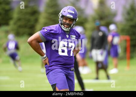 Minnesota Vikings guard Ed Ingram (67) walks off the field during a NFL  football game against the Miami Dolphins, Sunday, Oct.16, 2022 in Miami  Gardens, Fla. (AP Photo/Alex Menendez Stock Photo - Alamy