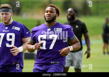 Minnesota Vikings guard Ed Ingram (67) walks off the field during a NFL  football game against the Miami Dolphins, Sunday, Oct.16, 2022 in Miami  Gardens, Fla. (AP Photo/Alex Menendez Stock Photo - Alamy