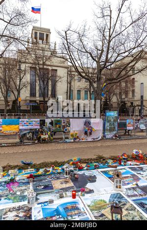 Support for Ukraine in front of the Embassy of Russian Federation in Berlin. Unter den Linden street in Berlin. Stop war in Ukraine. Stock Photo