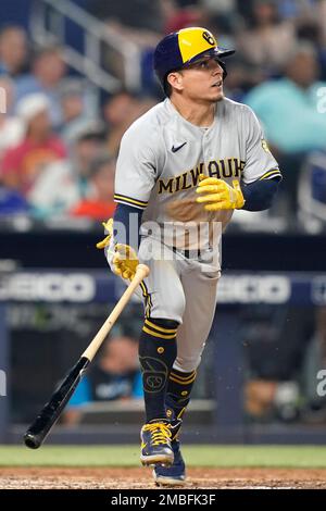 Milwaukee Brewers' Luis Urias of a baseball game against the San Diego  Padres Monday, April 19, 2021, in San Diego. (AP Photo/Gregory Bull Stock  Photo - Alamy