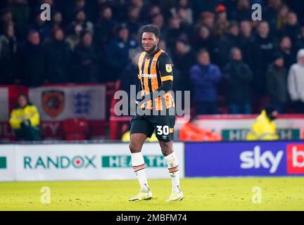 Hull City's Benjamin Tetteh leaves the pitch after being shown a red card during the Sky Bet Championship match at Bramall Lane, Sheffield. Picture date: Friday January 20, 2023. Stock Photo