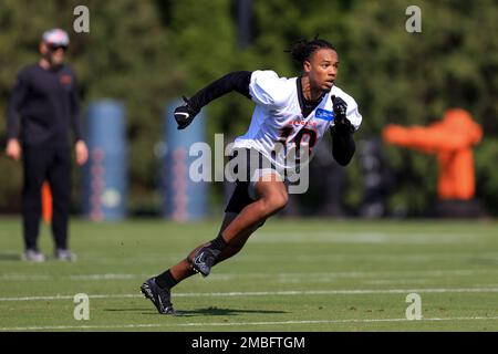 Cincinnati Bengals' Kwamie Lassiter II makes a catch as he takes part in  drills at the NFL football team's rookie minicamp in Cincinnati, Friday,  May 13, 2022. (AP Photo/Aaron Doster Stock Photo 