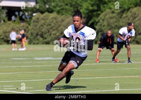 Cincinnati Bengals' Kwamie Lassiter II makes a catch as he takes part in  drills at the NFL football team's rookie minicamp in Cincinnati, Friday,  May 13, 2022. (AP Photo/Aaron Doster Stock Photo 