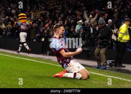 Burnley’s Scott Twine celebrates scoring their side's second goal of the game during the Sky Bet Championship match at Turf Moor, Burnley. Picture date: Friday January 20, 2023. Stock Photo