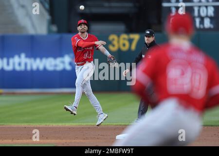 Los Angeles Angels shortstop Tyler Wade (14) throws to first base for an  out during a MLB game against the Washington Nationals, Friday, May 6, 2022,  at Angel Stadium, in Anaheim, CA.