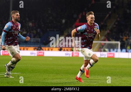 Burnley’s Scott Twine celebrates scoring their side's second goal of the game during the Sky Bet Championship match at Turf Moor, Burnley. Picture date: Friday January 20, 2023. Stock Photo